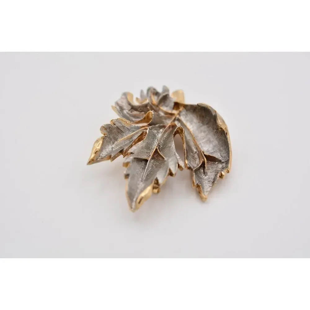 Vintage Leaf Pin Brooch Dark Silver Gold Textured Heavy Chunky 1980s BinAP